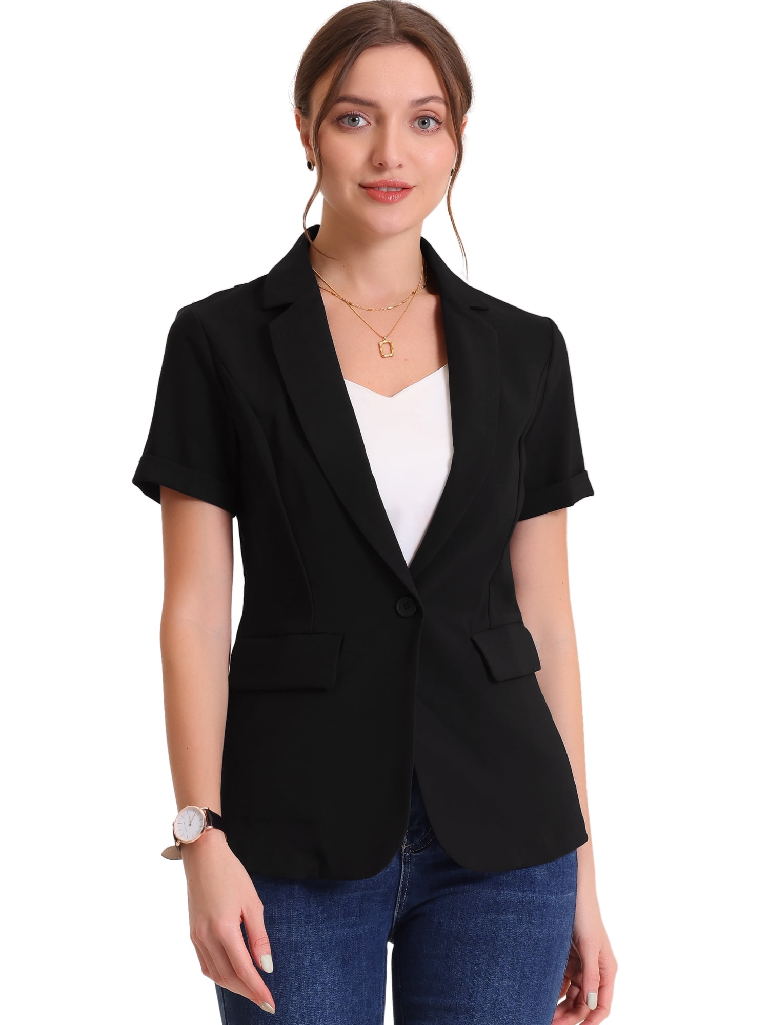 DARING DIVA Women's Short Sleeve Blazer Button Office Suit Jacket L Black