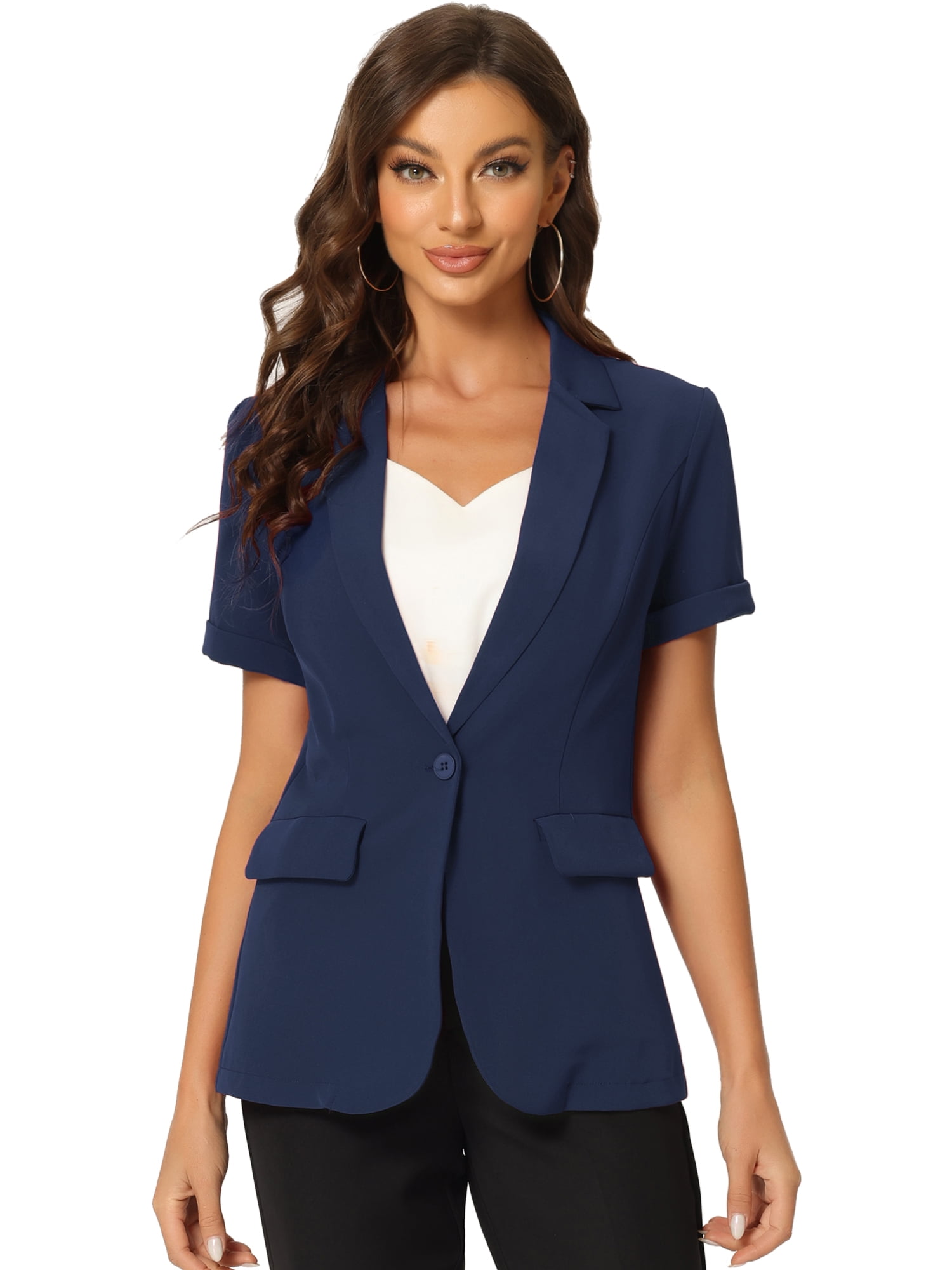 DARING DIVA Women's Short Sleeve Blazer Button Office Suit Jacket M Dark Blue