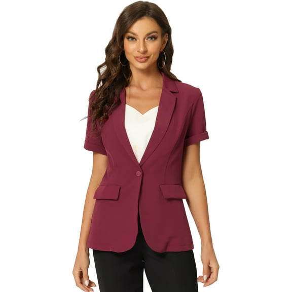 DARING DIVA Women's Short Sleeve Blazer Button Office Suit Jacket M Dark Red