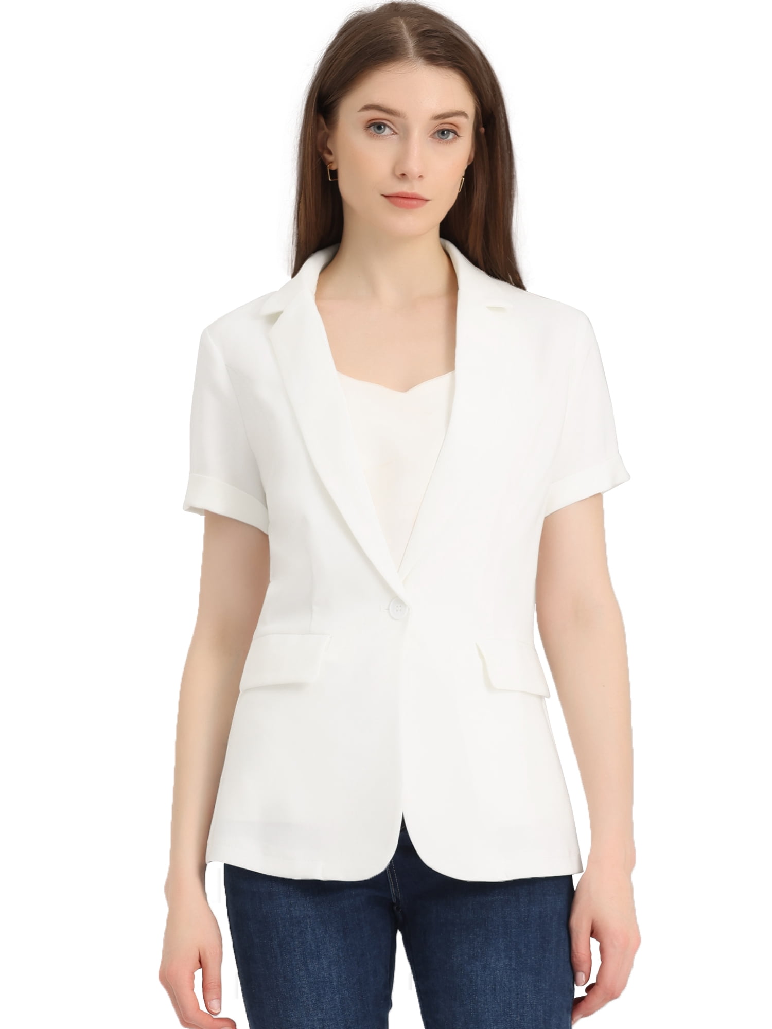 DARING DIVA Women's Short Sleeve Blazer Button Office Suit Jacket S Beige White