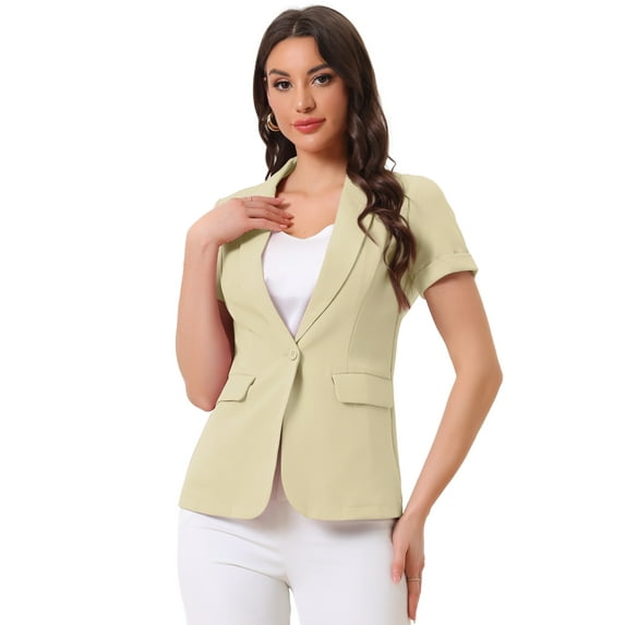 DARING DIVA Women's Short Sleeve Blazer Button Office Suit Jacket S Light Khaki