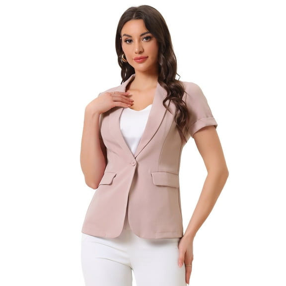 DARING DIVA Women's Short Sleeve Blazer Button Office Suit Jacket S Pink