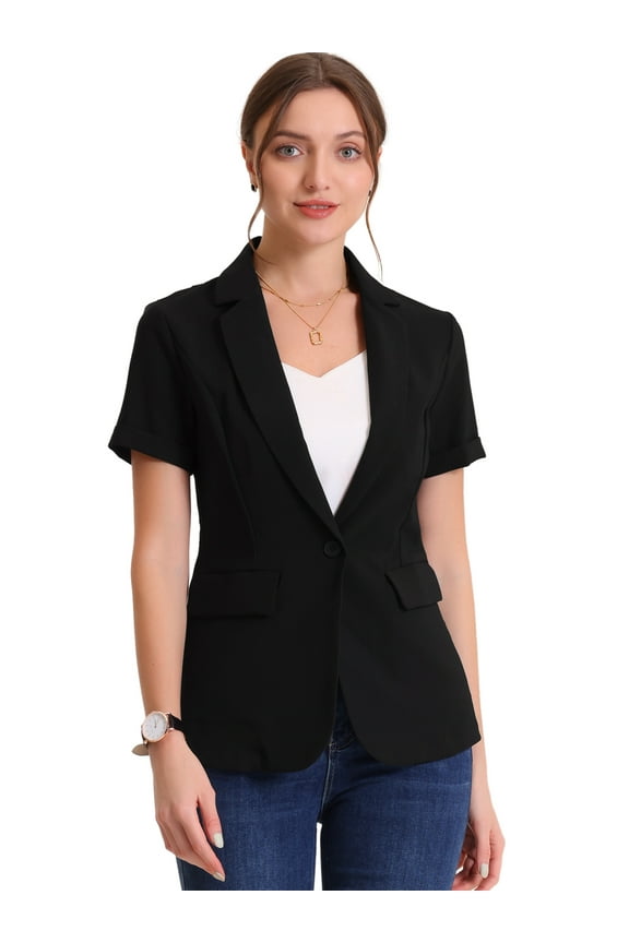Women's Short Sleeve Blazer Button Office Suit Jacket XS Black