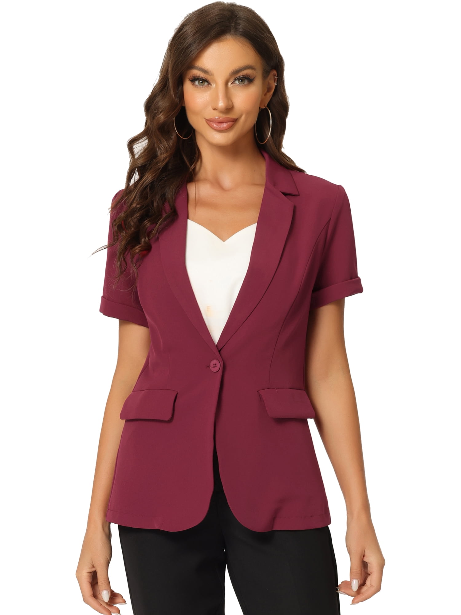 DARING DIVA Women's Short Sleeve Blazer Button Office Suit Jacket XS Dark Red