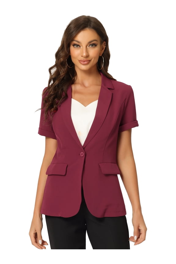 Women's Short Sleeve Blazer Button Office Suit Jacket XS Dark Red