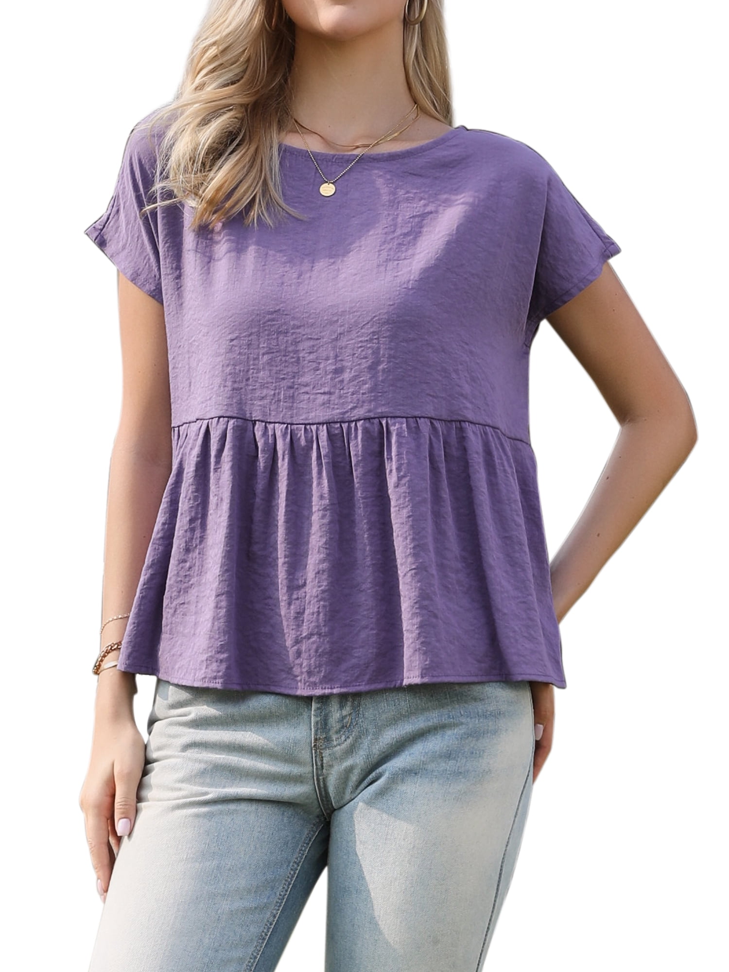 DARING DIVA Women's Short Sleeve Blouse Casual Round Neck Ruffle Flowy Top S Purple