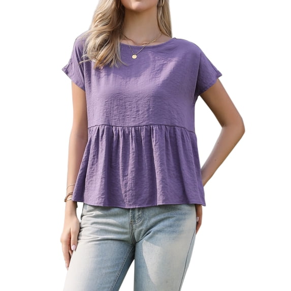DARING DIVA Women's Short Sleeve Blouse Casual Round Neck Ruffle Flowy Top XS Purple