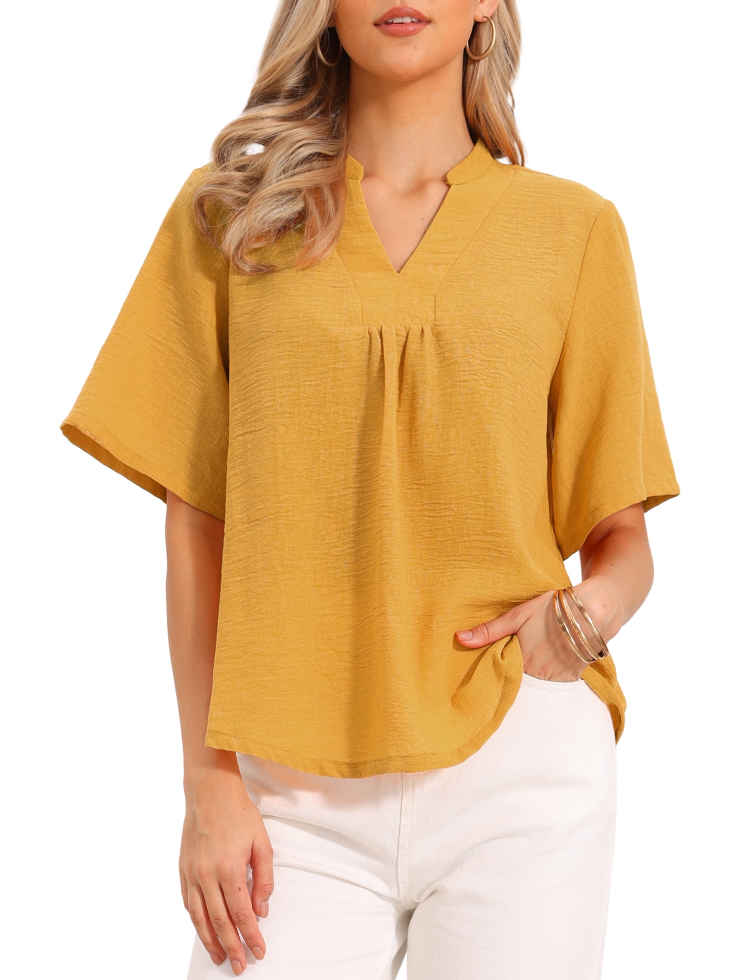 DARING DIVA Women's Short Sleeve Blouses V Neck Dressy Casual Solid Tops L Yellow