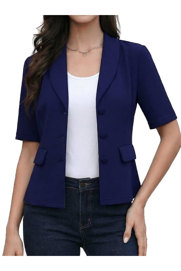 Women's Short Sleeve Business Suit Jacket Blazer S Dark Blue