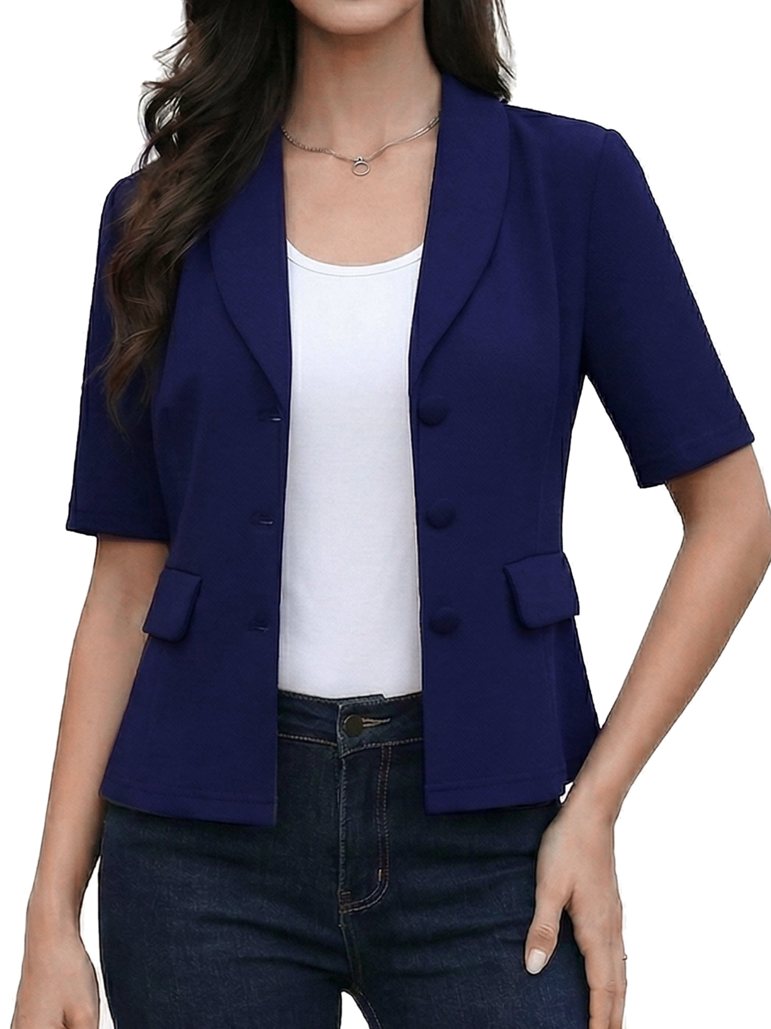 DARING DIVA Women's Short Sleeve Business Suit Jacket Blazer XS Dark Blue