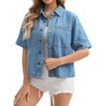 thumbnail image 1 of DARING DIVA Women's Short Sleeve Button Down Boxy Shirt Tops Jean Jacket L Light Blue, 1 of 7