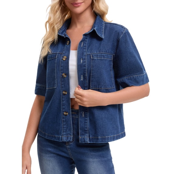DARING DIVA Women's Short Sleeve Button Down Boxy Shirt Tops Jean Jacket M Dark Blue