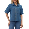 thumbnail image 1 of DARING DIVA Women's Short Sleeve Button Down Boxy Shirt Tops Jean Jacket S Blue, 1 of 7