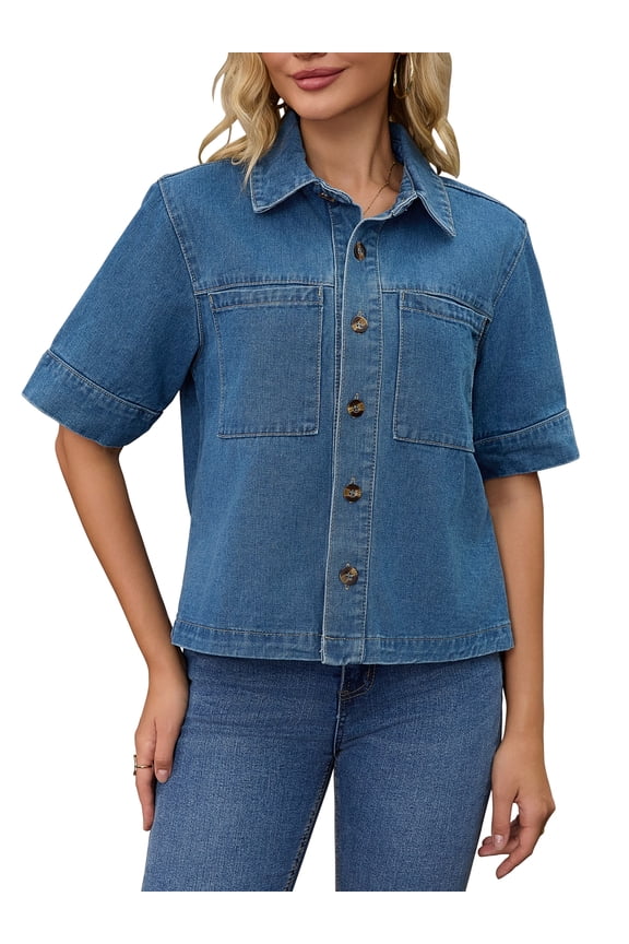 Women's Short Sleeve Button Down Boxy Shirt Tops Jean Jacket S Blue