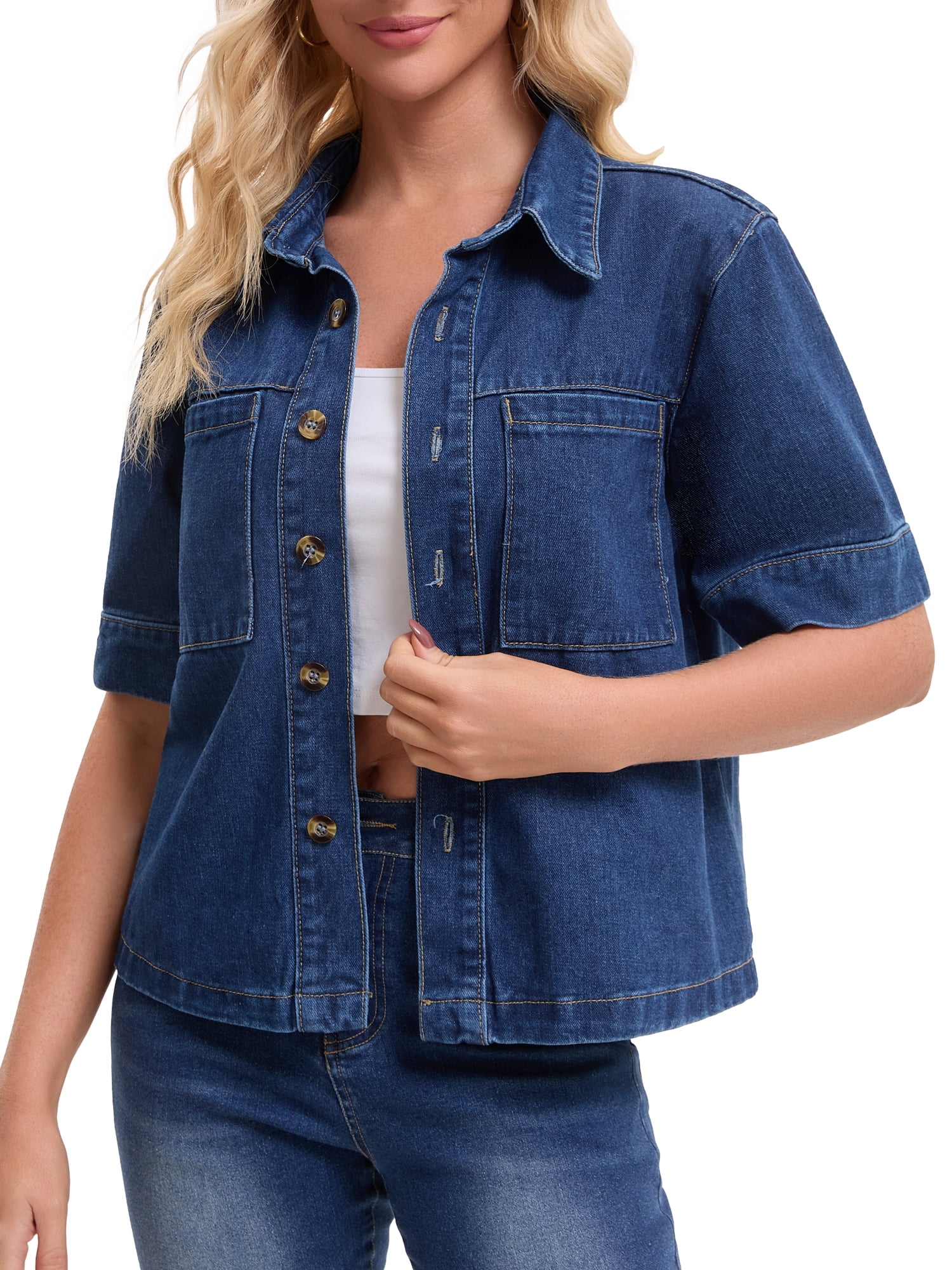 DARING DIVA Women's Short Sleeve Button Down Boxy Shirt Tops Jean Jacket S Dark Blue