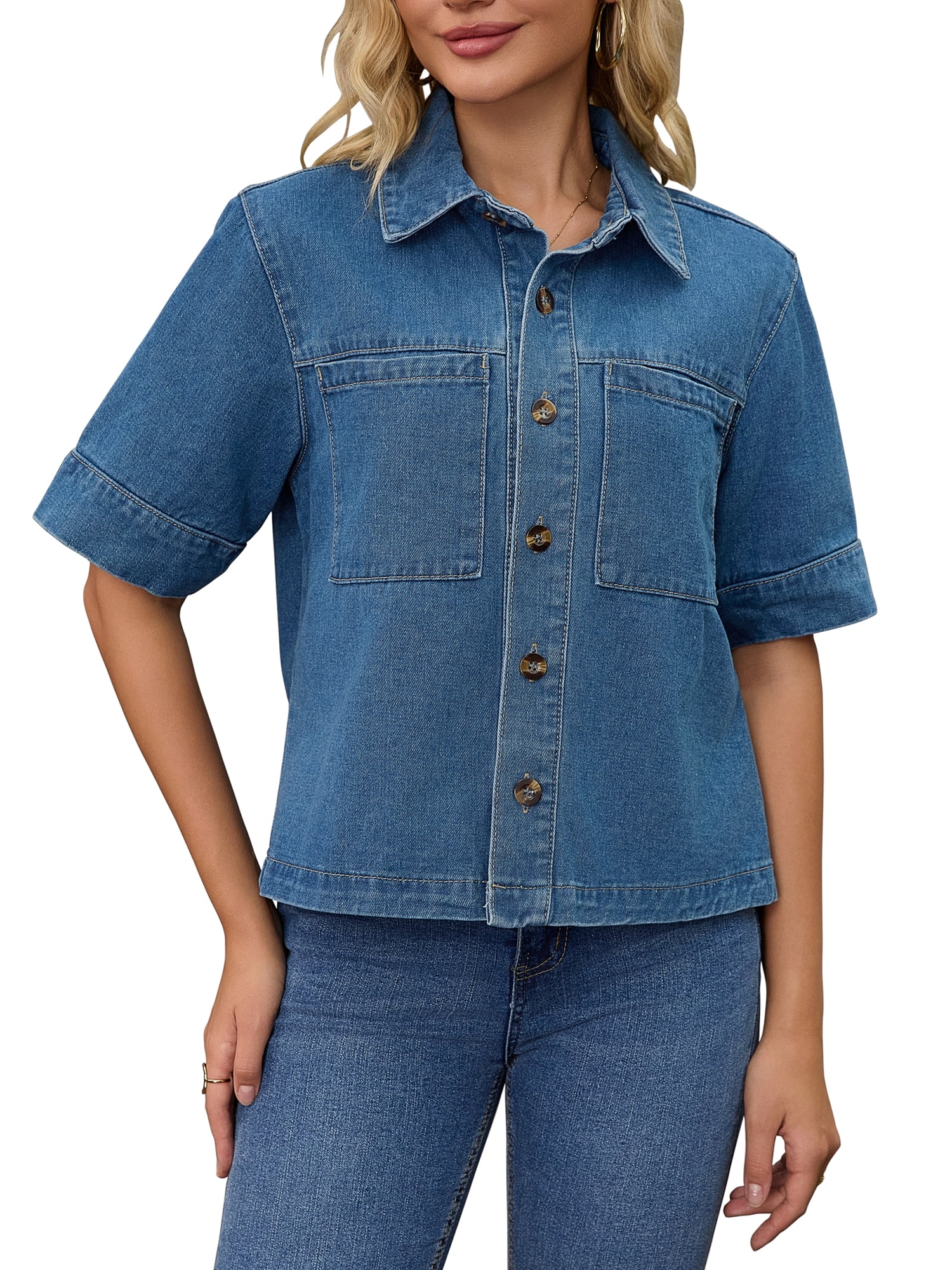 DARING DIVA Women's Short Sleeve Button Down Boxy Shirt Tops Jean Jacket XL Blue