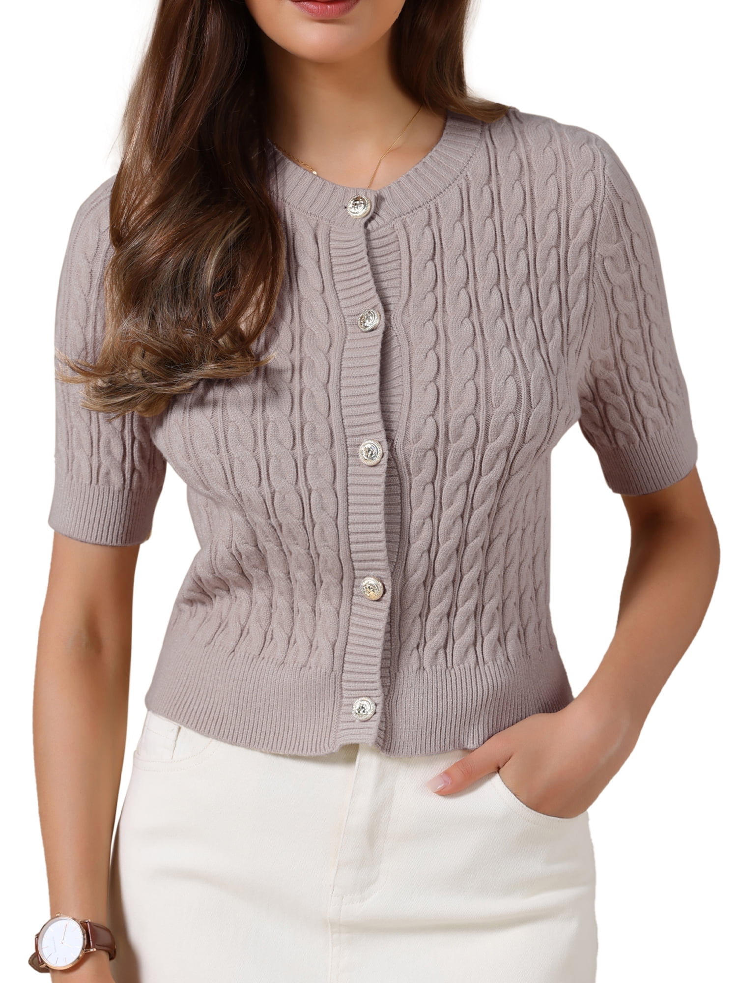 DARING DIVA Women's Short Sleeve Button Down Cable Knit Dressy Sweater L Grey