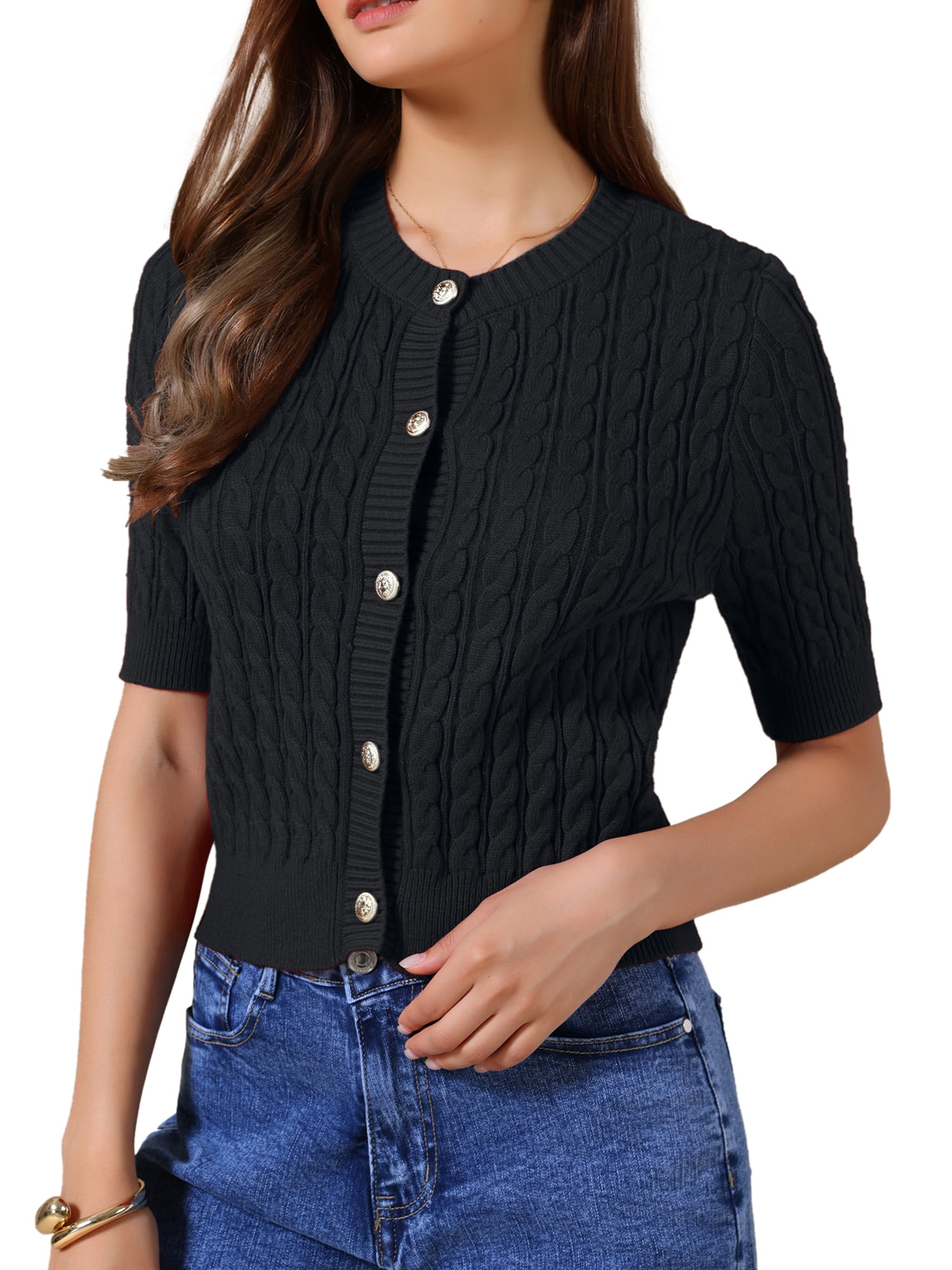 DARING DIVA Women's Short Sleeve Button Down Cable Knit Dressy Sweater XL Black