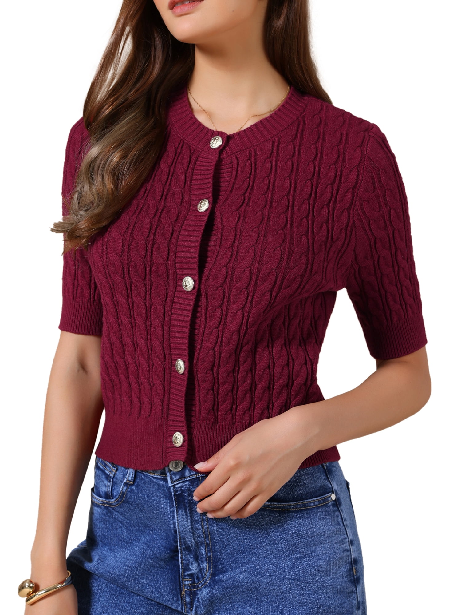 DARING DIVA Women's Short Sleeve Button Down Cable Knit Dressy Sweater XL Burgundy