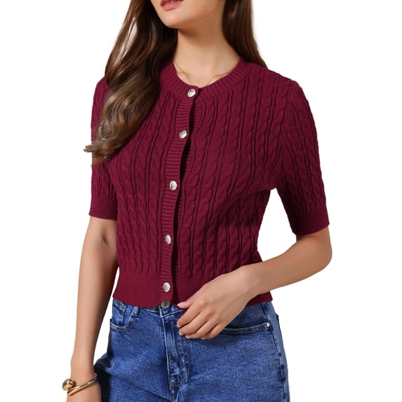 DARING DIVA Women's Short Sleeve Button Down Cable Knit Dressy Sweater XL Burgundy