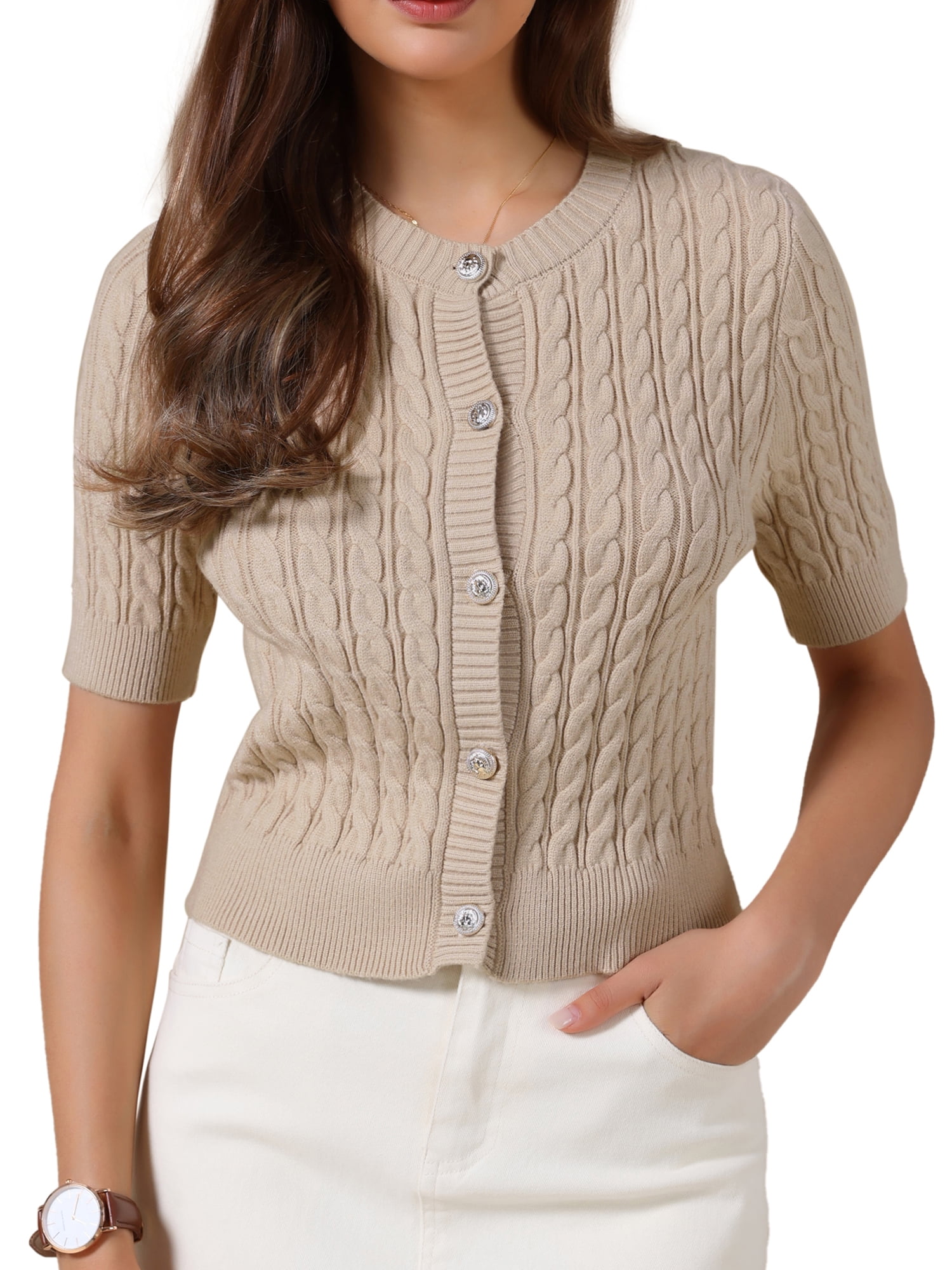 DARING DIVA Women's Short Sleeve Button Down Cable Knit Dressy Sweater XL Khaki