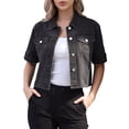 thumbnail image 1 of DARING DIVA Women's Short Sleeve Denim Collared Button Up Cropped Jean Jacket L Black, 1 of 7