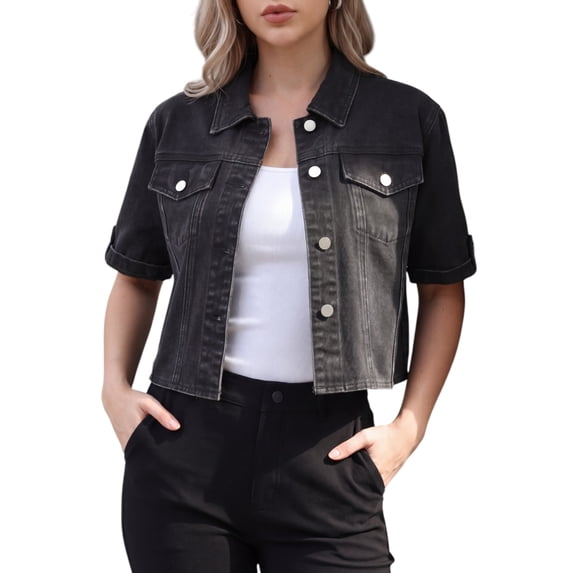 DARING DIVA Women's Short Sleeve Denim Collared Button Up Cropped Jean Jacket L Black