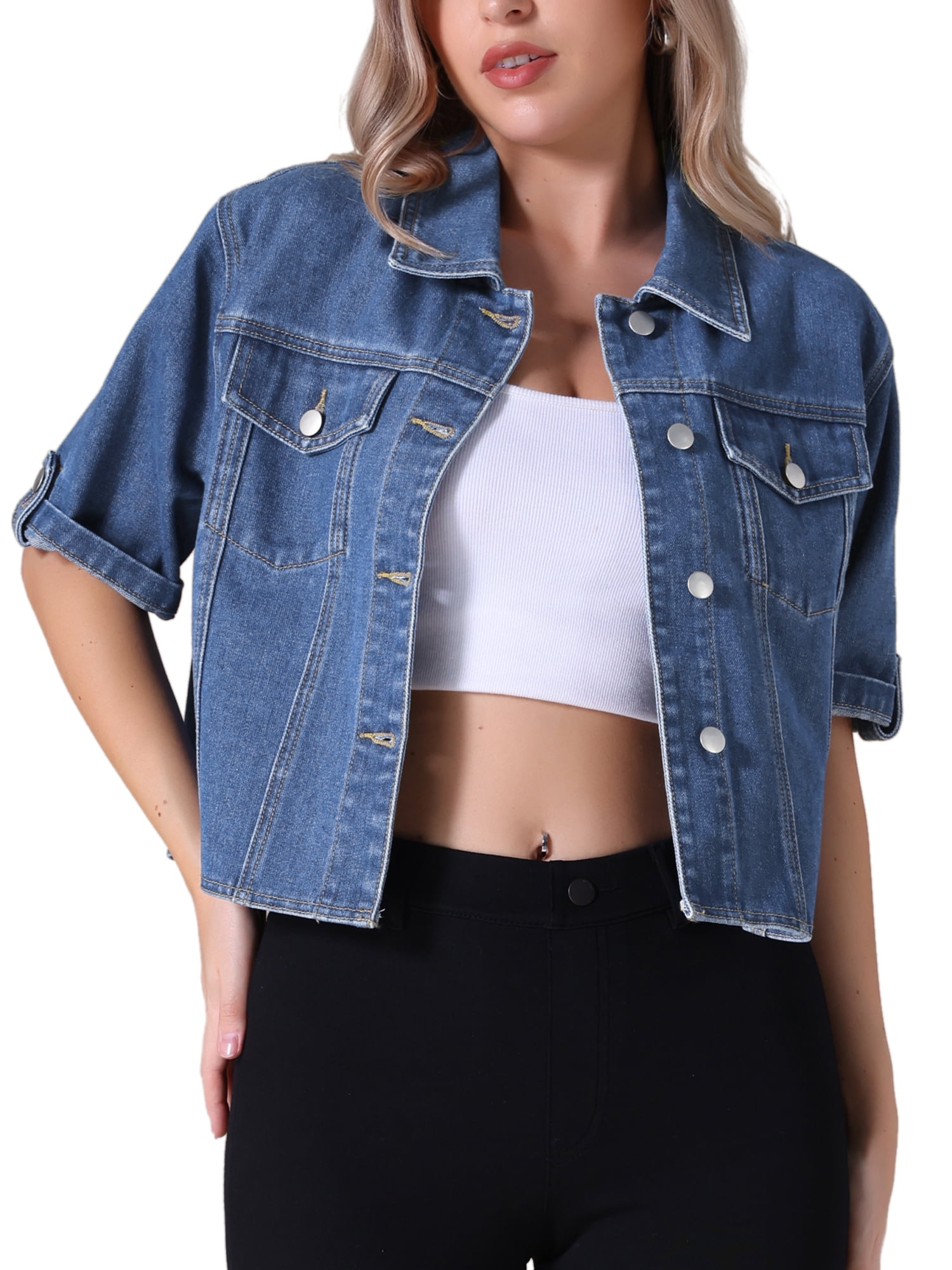DARING DIVA Women's Short Sleeve Denim Collared Button Up Cropped Jean Jacket M Dark Blue