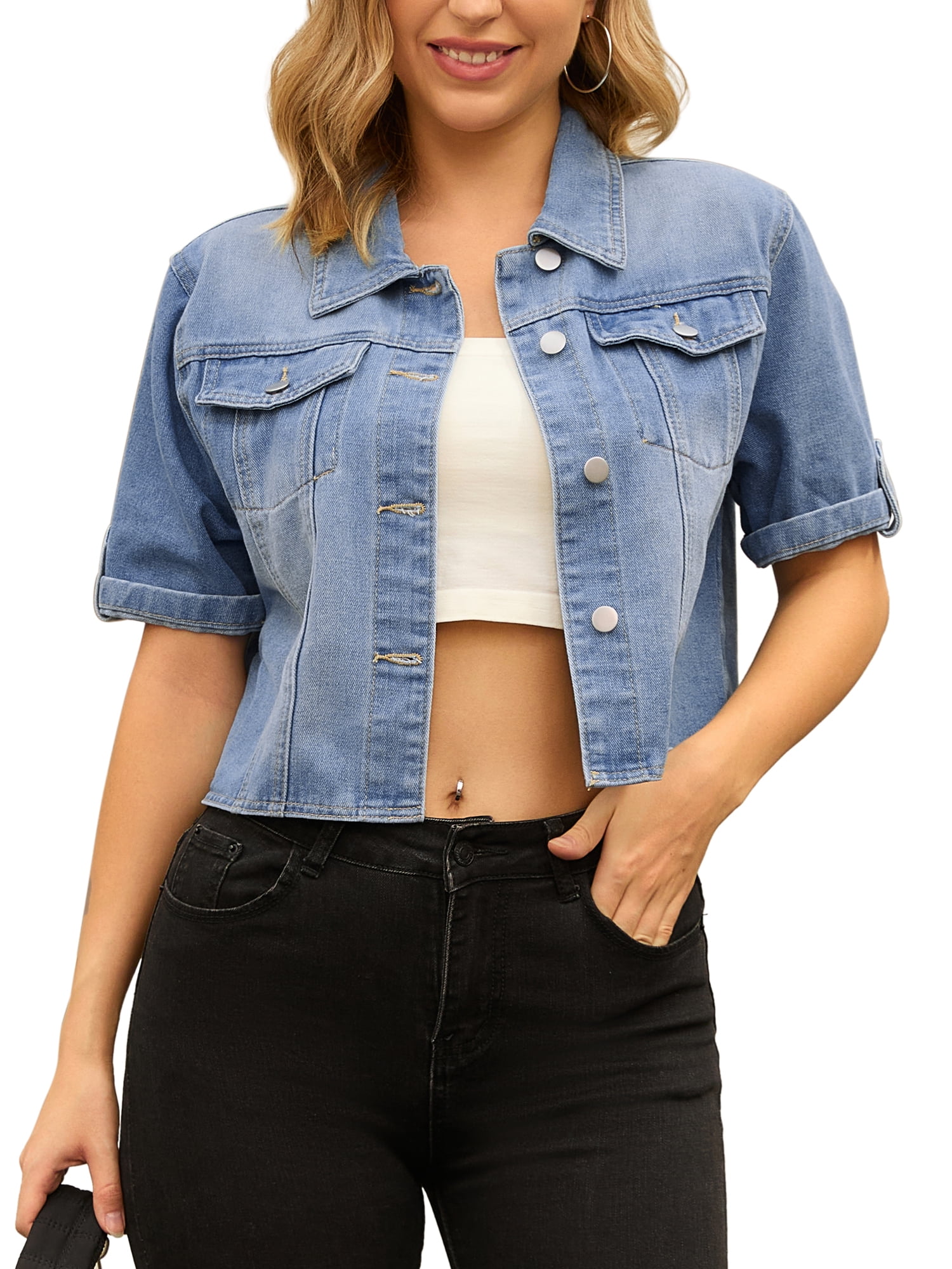 DARING DIVA Women's Short Sleeve Denim Collared Button Up Cropped Jean Jacket M Light Blue
