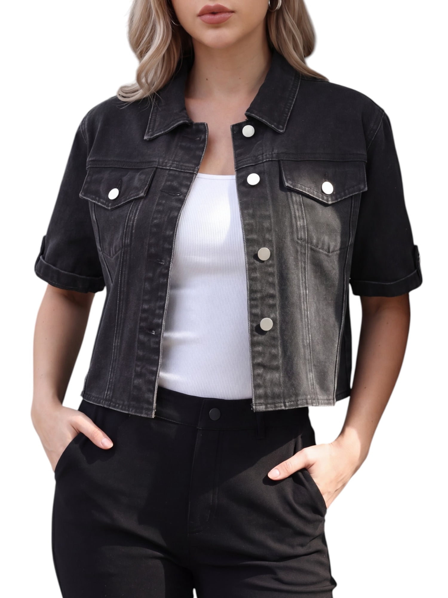 DARING DIVA Women's Short Sleeve Denim Collared Button Up Cropped Jean Jacket S Black