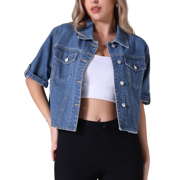 DARING DIVA Women's Short Sleeve Button Down Cropped Denim Jackets XL Dark Blue