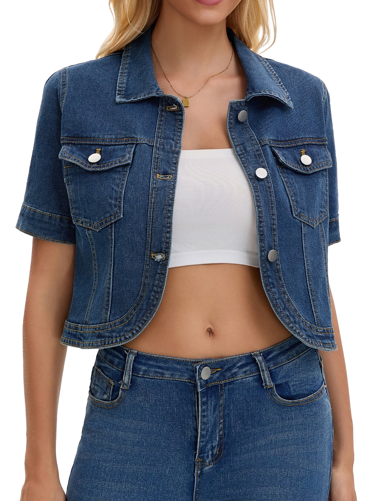 DARING DIVA Women's Short Sleeve Button Down Denim Jackets with Pockets 2XL Blue