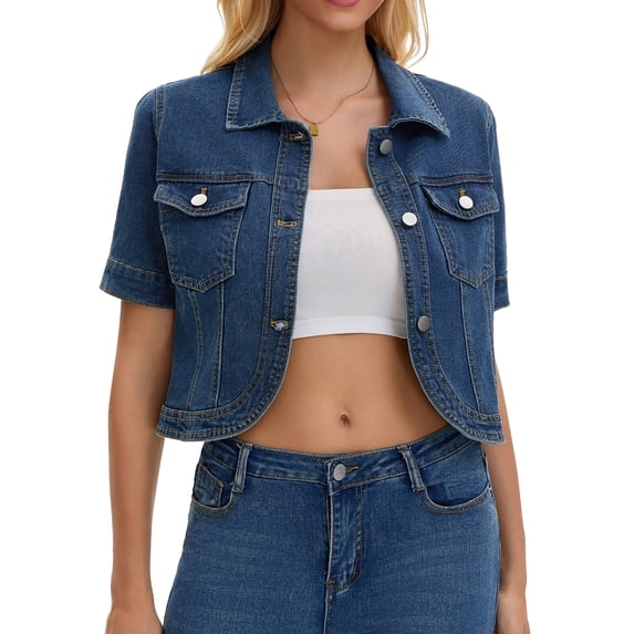 DARING DIVA Women's Short Sleeve Button Down Denim Jackets with Pockets L Blue