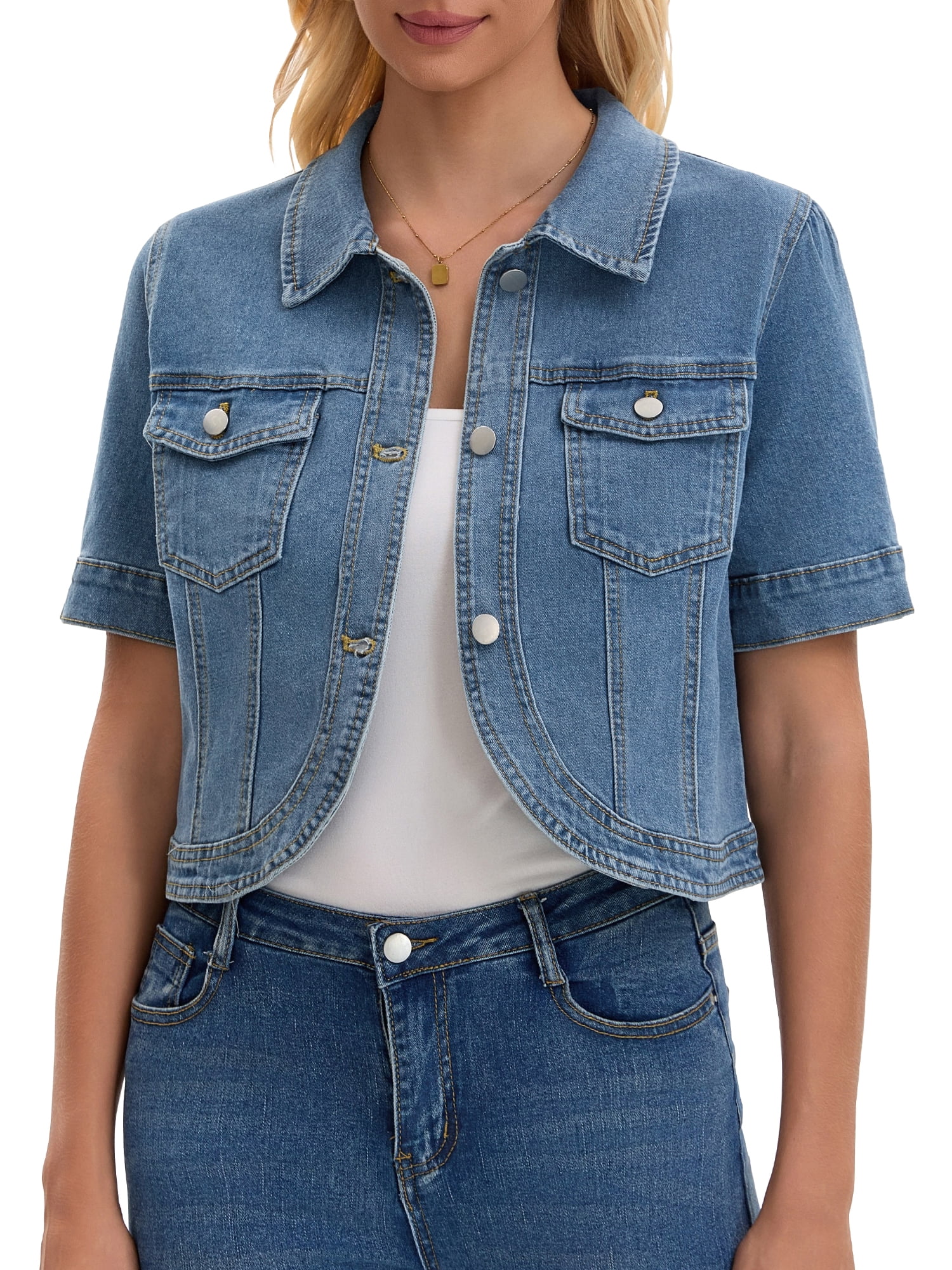 DARING DIVA Women's Short Sleeve Button Down Denim Jackets with Pockets L Light Blue