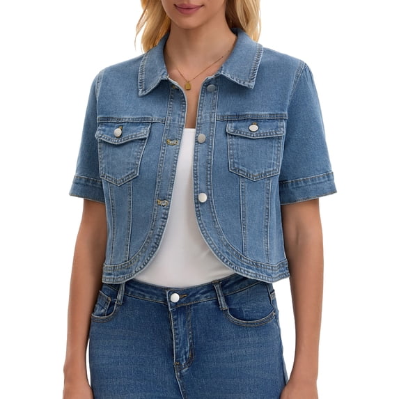 DARING DIVA Women's Short Sleeve Button Down Denim Jackets with Pockets S Light Blue