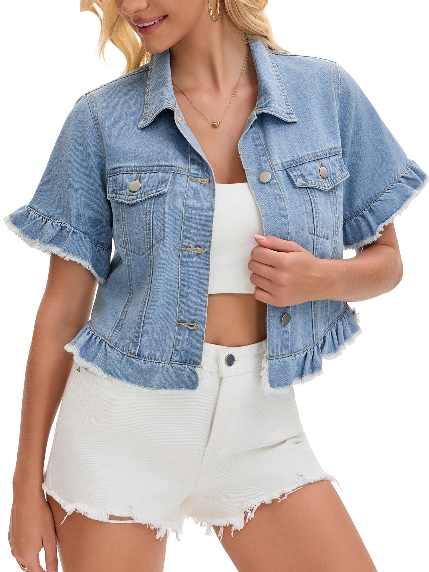 DARING DIVA Women's Short Sleeve Button Down Lightweight Ruffle Jean Jacket L Light Blue