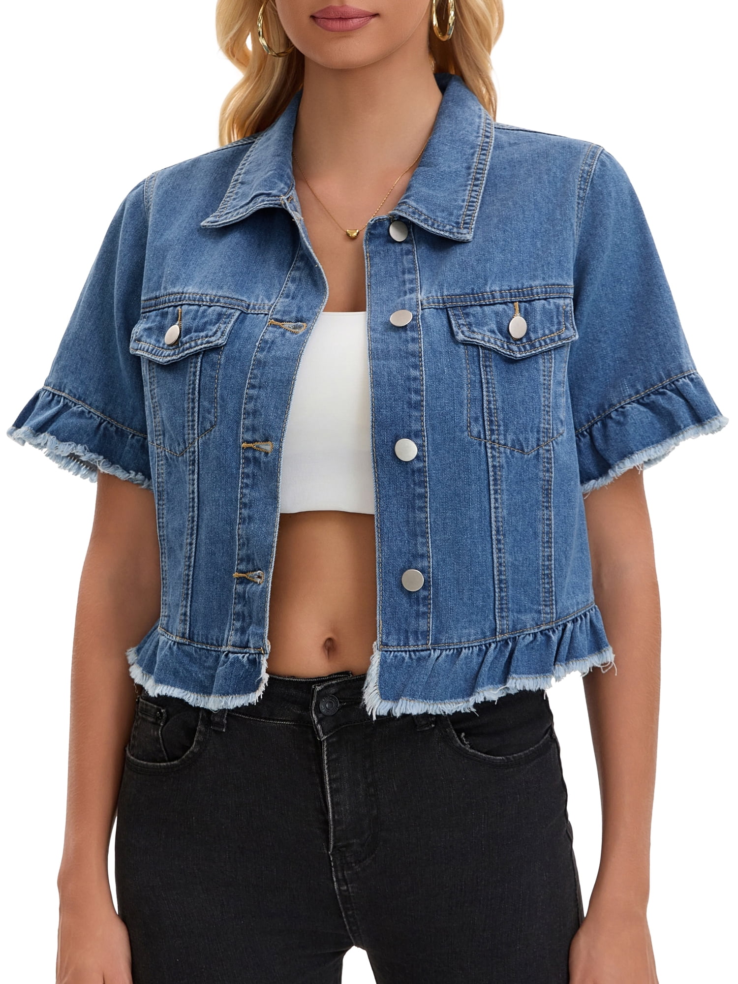 DARING DIVA Women's Short Sleeve Button Down Lightweight Ruffle Jean Jacket M Blue