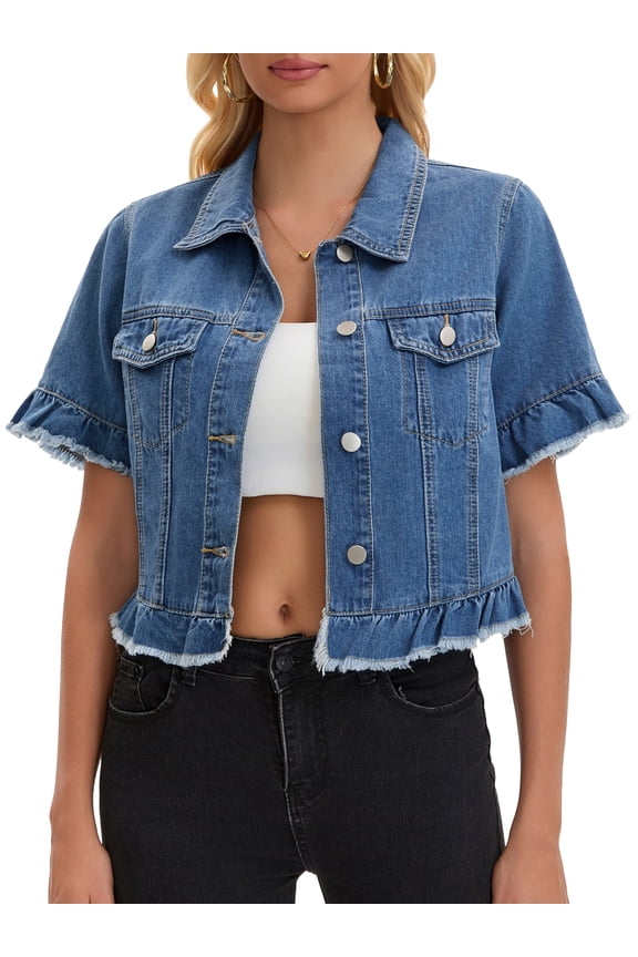 Women's Short Sleeve Button Down Lightweight Ruffle Jean Jacket M Blue