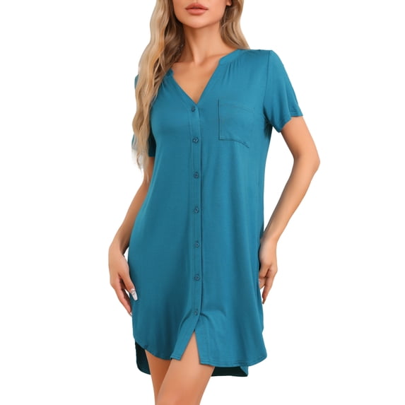 DARING DIVA Women's Short Sleeve Button Down Nightshirt S Lake Blue