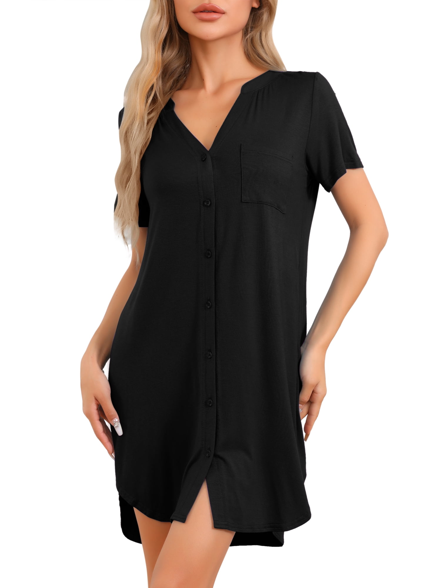 DARING DIVA Women's Short Sleeve Button Down Nightshirt XS Black