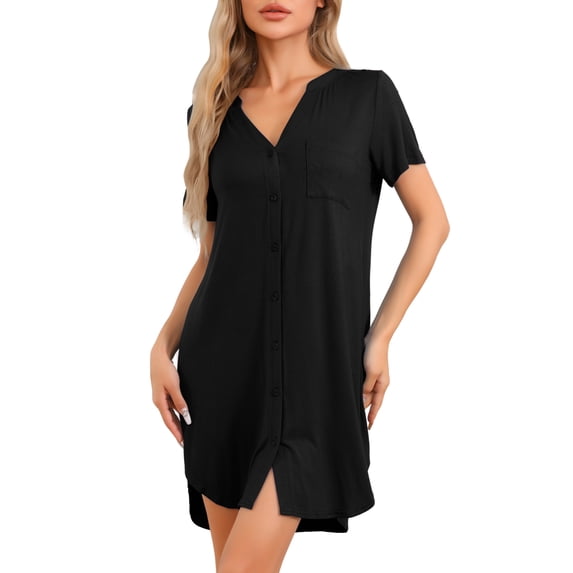 DARING DIVA Women's Short Sleeve Button Down Nightshirt XS Black