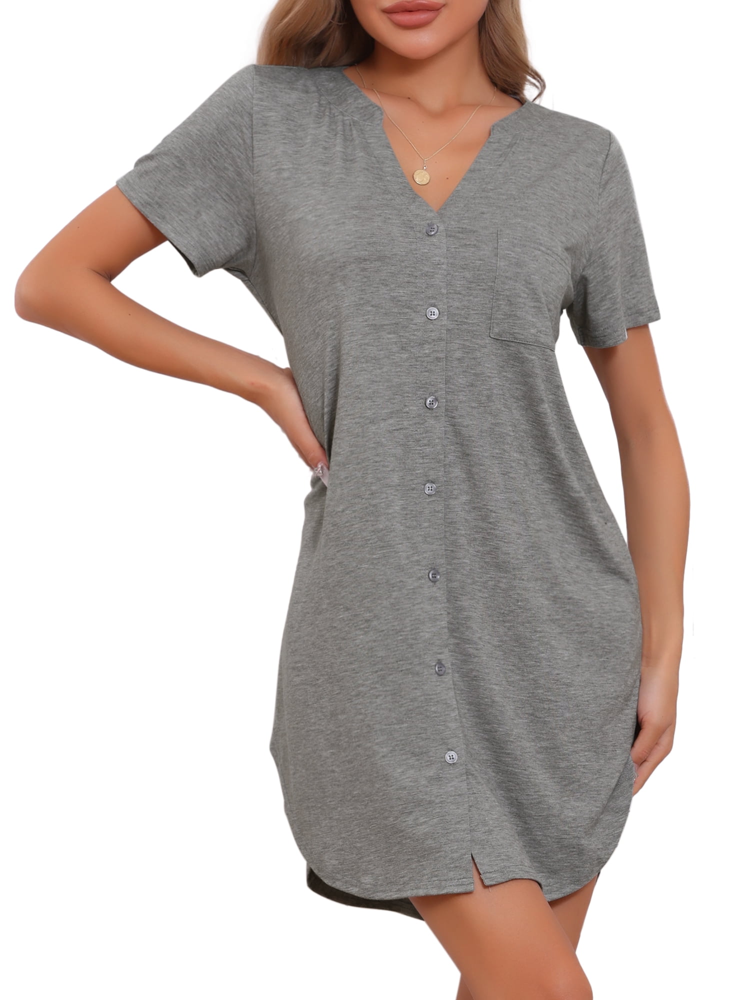 DARING DIVA Women's Short Sleeve Button Down Nightshirt XS Gray