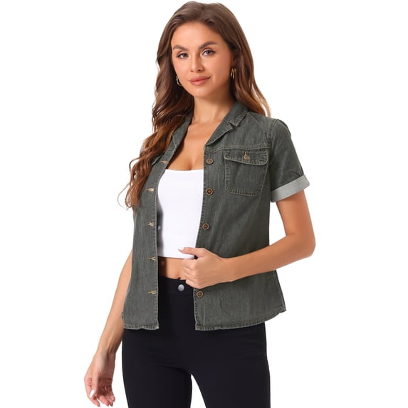 DARING DIVA Women's Short Sleeve Button Down Notched Collar Western Pocket S Gray