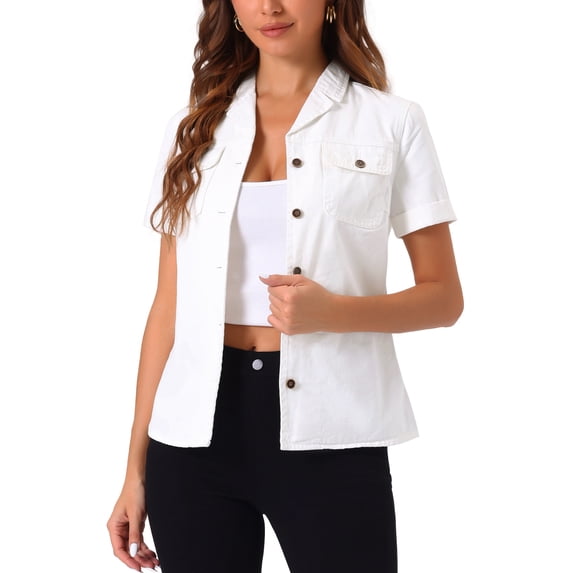 DARING DIVA Women's Short Sleeve Button Down Notched Collar Western Pocket XS White