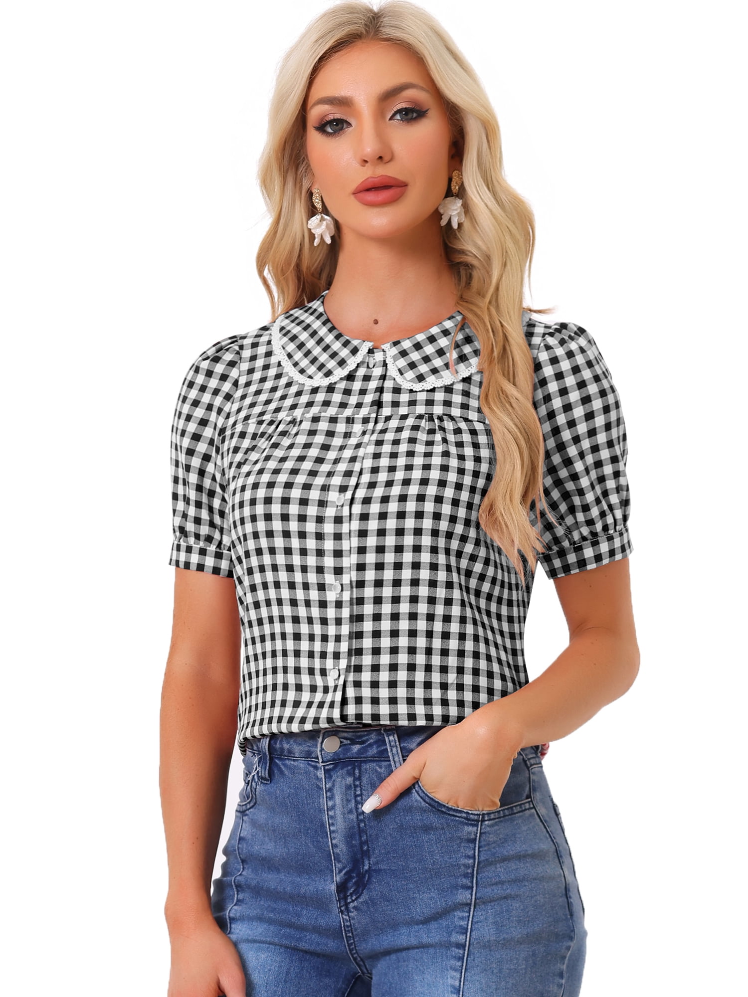 DARING DIVA Women's Short Sleeve Button Down Peter Pan Collar Plaid Shirt L Black