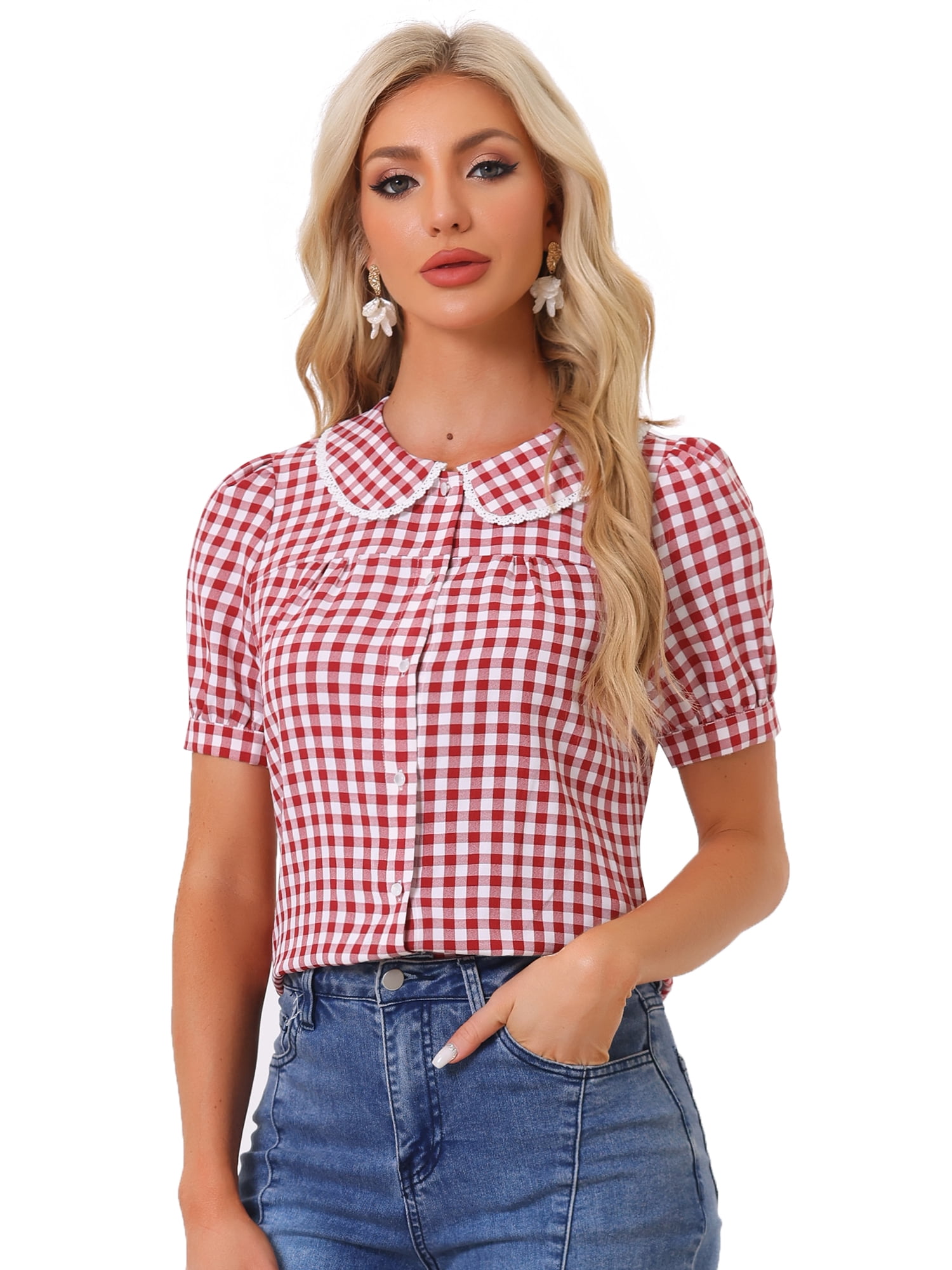 DARING DIVA Women's Short Sleeve Button Down Peter Pan Collar Plaid Shirt XS Red