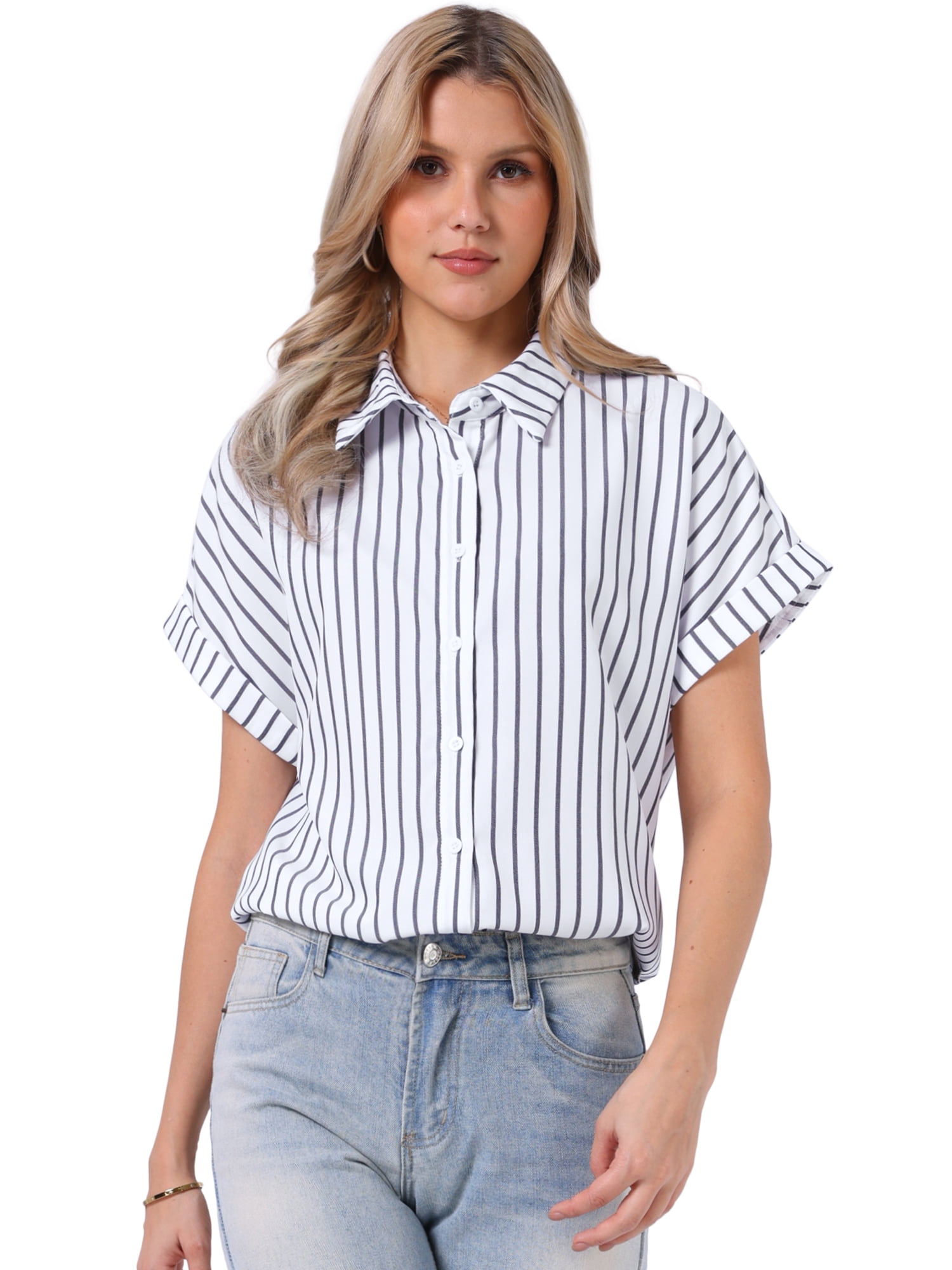 DARING DIVA Women's Short Sleeve Button Down Striped Shirt for Casual Wear L White