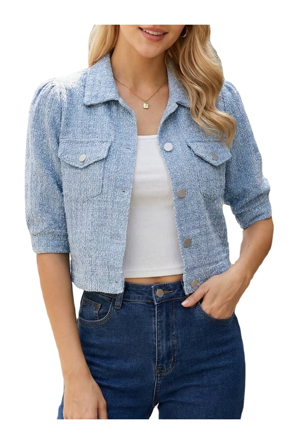 Women's Short Sleeve Button Down Textured Cropped Jean Jacket XL Light Blue