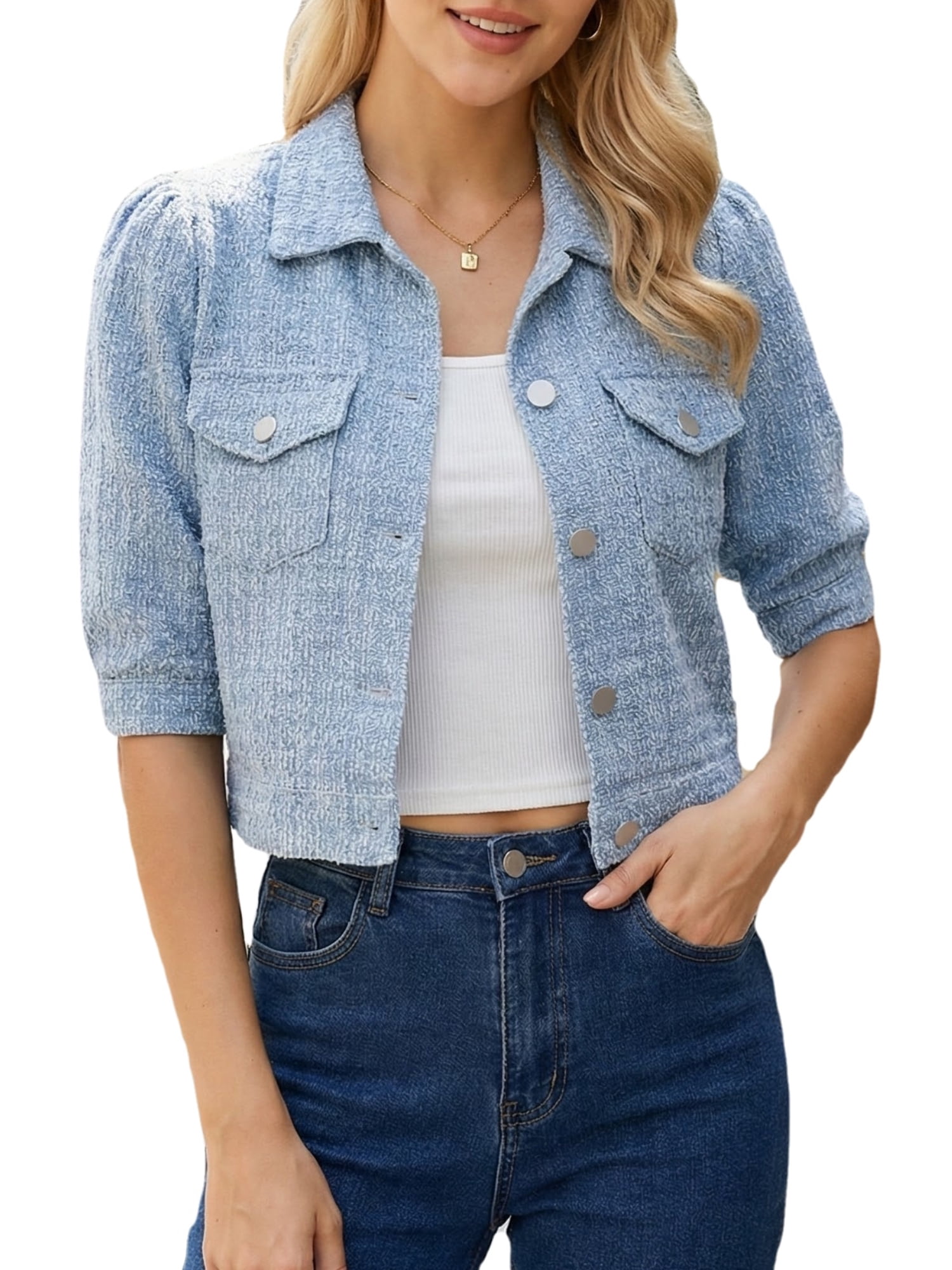 DARING DIVA Women's Short Sleeve Button Down Textured Cropped Jean Jacket XS Light Blue