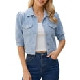 thumbnail image 1 of DARING DIVA Women's Short Sleeve Button Down Textured Cropped Jean Jacket XS Light Blue, 1 of 7